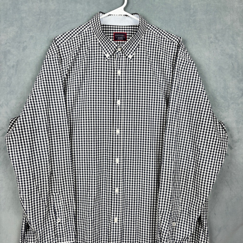 UNTUCKit Mens XXL Long Sleeve Gingham Button Down Shirt Navy Blue White Cotton